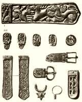 9. Bouts de sangle, ornements de ceinture, boucles d’oreilles en fonte de bronze provenant de tombeaux avars tardifs: 