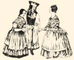 Alfldi mezvrosi viselet, a frfi parasztosan ltzve, gatyban, lobogs ujj ingben, a nk vrosiasan (Kecskemt) az letkpek metszete nyomn, 1845.