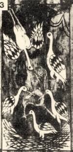3. Gólyák, csőrükben kígyóval. Templomi mennyezet részlete (Noszvaj, Borsod m., 1734) Eger, Dobó István Múzeum