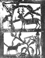 Karos lca tmljnak egyik tblja vadszjelenettel (Kazr, Ngrd m., 1890). Psztorfarag munkja. Bp. Nprajzi Mzeum