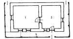 16. ábra. Kéthelyiséges, egybejáratú, földfalú ház, épült 1912-ben, Gyeke (Szolnok-Doboka vm.): 1. ház; 2. konyha; 5. tornác