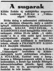 Kilin Zoltn: A sugarak c. rdijtknak ajnlsa a Rdiletben (1931. augusztus)