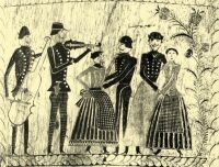 256. Tanzende, gravierte Verzierung mit Siegellackeinlage auf einem Mangelholz, 1868