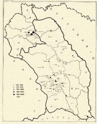 A jelentősebb bukovinai és moldvai magyar települések térképe az 1930. évi román népszámlálás adatai szerint.