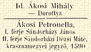 Id. kosi Mihly Dorottya; kosi Petronella, I. frje Sndorhzy Jnos. II. frje Sndorhzy Dzsi Mt, krasznamegyei jegyz, 1590