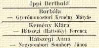 II. Ippi Berthold, Borbla – Gyermonostori Kemny Mtys, Kemny Klra – Htszegi (Hattsky) Ferencz, Htszegi Anna – Nagysombori Sombory Jnos