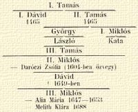 I. Tams, I. Dvid 1465, II. Tams 1465, Gyrgy, I. Mikls, Lszl, Kata, III. Tams, II. Mikls – Darczi Zsfia (1604-ben zvegy), Dvid † 1649-ben, III. Mikls – Alia Mria 1647–1653 – Melith Klra 1688